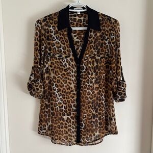 Express Animal Print Brown and Black Sheer 3/4 Sleeve Buttoned Blouse